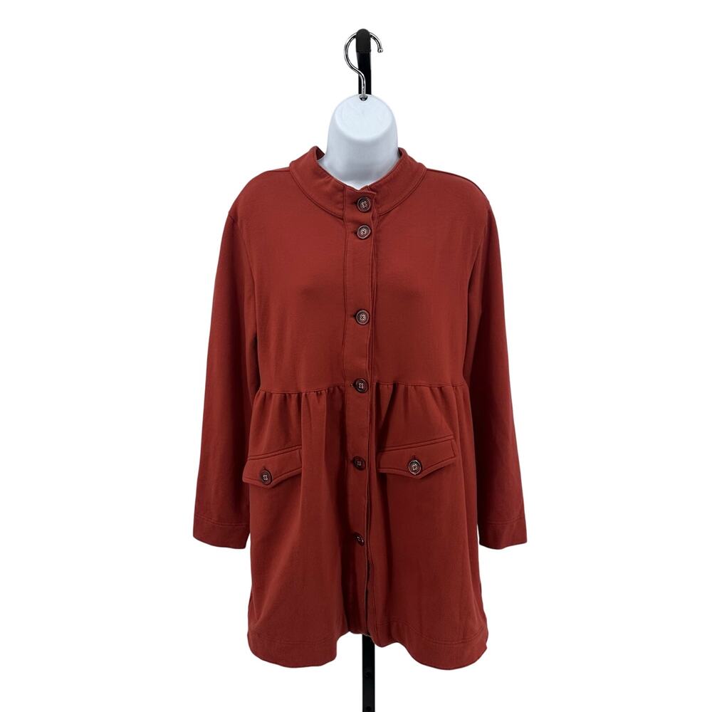 Sahalie Button Front Knit Knack Jacket Coat WMNS M Orange Mid Length Stretch